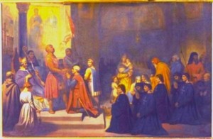 Dans l'église de l'hôpital Saint-Jean de Jérusalem le 15 février 1113. Baudoin Ier, roi de Jérusalem, donnant l'investiture à Gérard Le Pieux, premier grand-maître